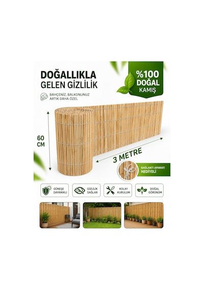 Polybotum Premium Doğal Kamış Hasır Balkon Çiti 60x300 Cm Sık D