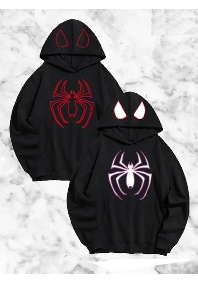 Valensdesign Sevgili Çift Kombini Örümcek Baskılı Kapüşonlu Sweatshirt Hoodie - Siyah