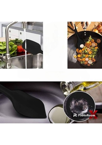 Silikon Kaşık Spatula Seti 2lı Büyük Boy Yanmaz Yapışmaz Çizmez Siyah Silikon Siyah Diğer