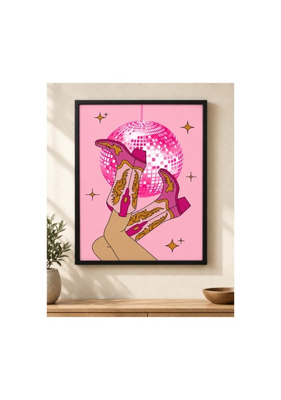 Disco Cowgirl Pembe Kovboy Çizmeleri Ve Disko Topu Posteri Retro Dekoratif Duvar Posteri 21x30 Cm Çerçevesiz