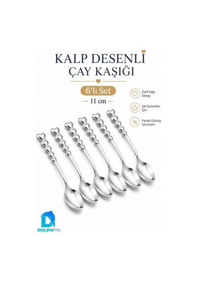 Kalp Desenli Çay Kaşığı 6 Lı Set 11 Cm Parlak Gümüş Renkli Zarif Sunum Kaşığı Metalik