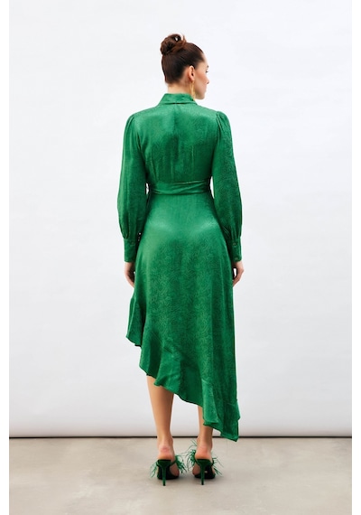 Sateen Jakarlı Asimetrik Elbise - Yeşil-132602 Yeşil