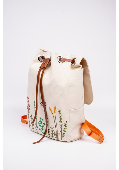 Fabric Craft Bag Sırt Çantas Kanvas Nakışlı Ayarlanabilir Krem Rengi Krem