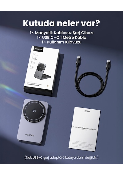 Ugreen 2'si 1 Arada 30w Magnetik Wireless Kablosuz Şarj Cihazı, Siyah, 45023 Standart