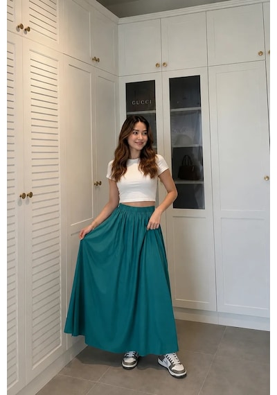 Kadın Petrol Yeşili Poplin Kumaş Uzun Etek Beli Lastikli Günlük Maxi Etek 90 Cm