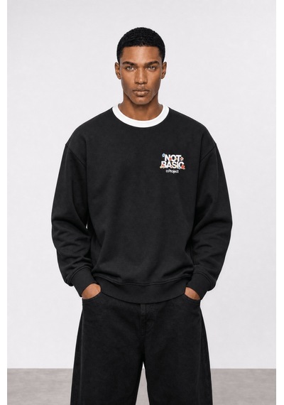 Respire Erkek Not Basic Project Baskılı Oversize Sweatshirt Siyah
