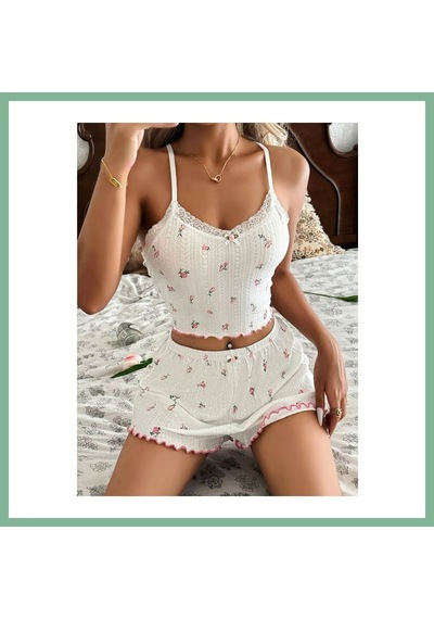 Bşkvirgo Kadın Çiçek Desenli Dantel Askılı Şortlu Pijama Takımı 5235 Beden: S/m Renk: Beyaz Bsk2026