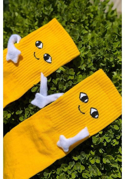Lousocks Unisex Sarı El Ele Tutuşan Halay Çeken Sevimli Yüz Desenli Soket Çorap