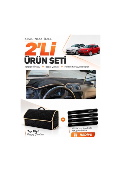 E-biz Seat Ibıza 2008-2017 Uyumlu Torpido Örtüsü + Tay Tüyü Bagaj Çantası Seti - Siyah-bej - Se004