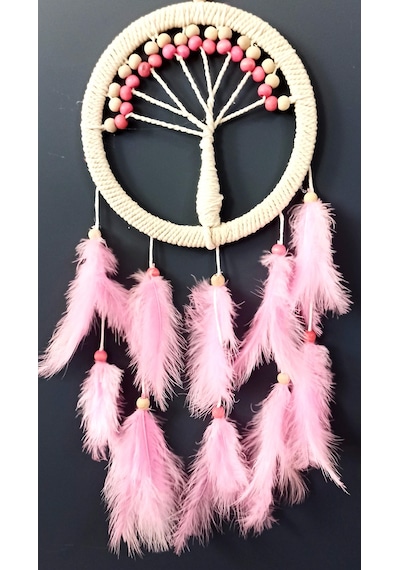 Pembe Kuş Tüylü Hayat Ağacı Dream Catcher Duvar Süsü