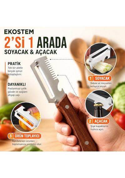 2 İn 1 Çok Fonksiyonlu Sebze Soyacağı Kesme, Soyma, Açma, Rendeleme, Dilimleme Dahil Paslanmaz Çelik Ahşap