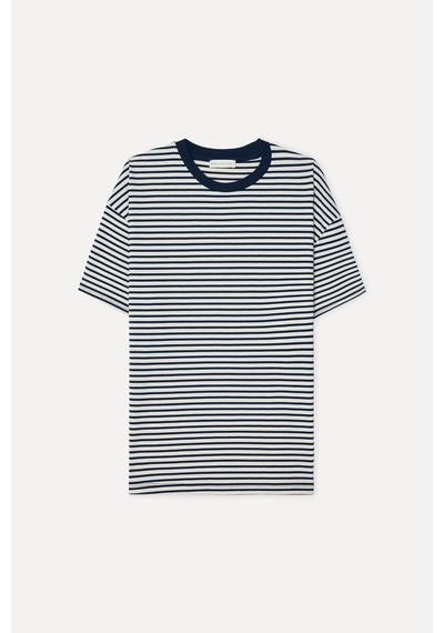 Mudo Kadın Kadın Lacivert Çizgili Oversize Bisikelt Yaka T-shirt 1271429