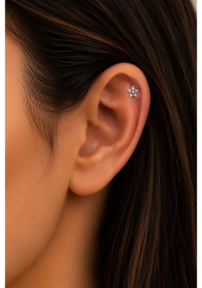 Sertifikalı 316l Çelik Gülen Yüzlü Taşlı Yıldız Figürlü Premium Gümüş Renk Tragus Ve Helix Piercing Altın