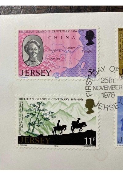 İngiliz Sömürge İngiltere İlk Gün Zarfı Ve Pulları Fdc Jersey'in İlk Kadın Doktoru Temalı Damgalı Tam Seri Jersey 1976, Dr Lilian Grandin'in Yıldönümü