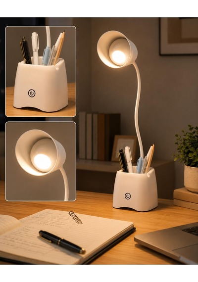 3 Modlu Led Masa Lambası Ve Kalemlik Esnek Boyunlu Dokunmatik Çalışma Lambası, Kalem Organizerli Masaüstü Aydınlatma, Beyaz Diğer