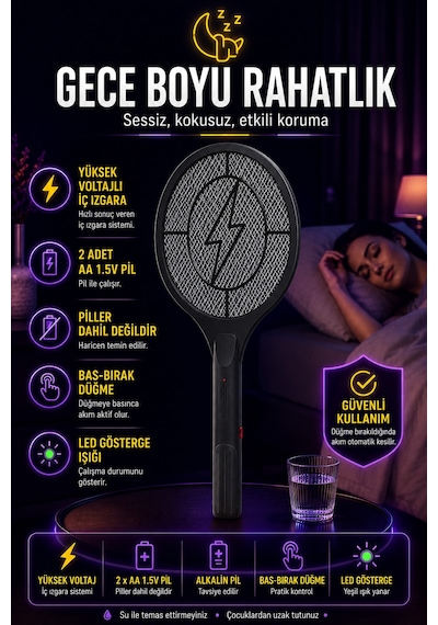 Pilli Sinek Raketi Sivrisinek Karasinek Haşere Öldürücü Sineklik Haşere Aleti Z007