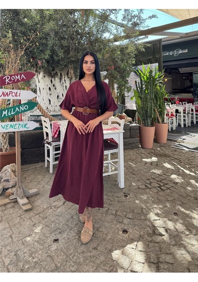 WeShaya Bordo Kruvaze Kemerli Saten Elbise Bordo