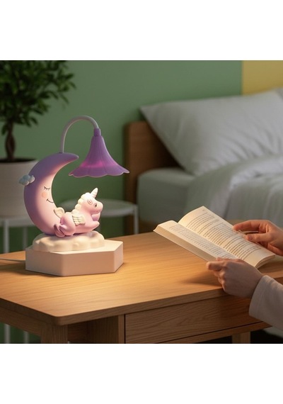 Ay Ve Unicorn Tasarımlı Sevimli Şarjlı Masa Lambası Mor