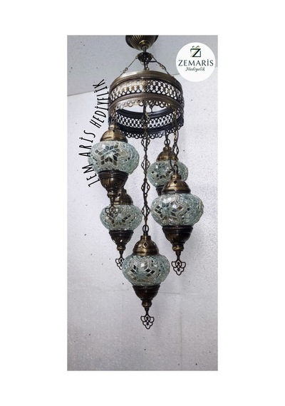 El Yapımı Otantik Mozaik 5 Li Avize Tavan Lambası Dekoratif Beyaz - 786500254 Beyaz