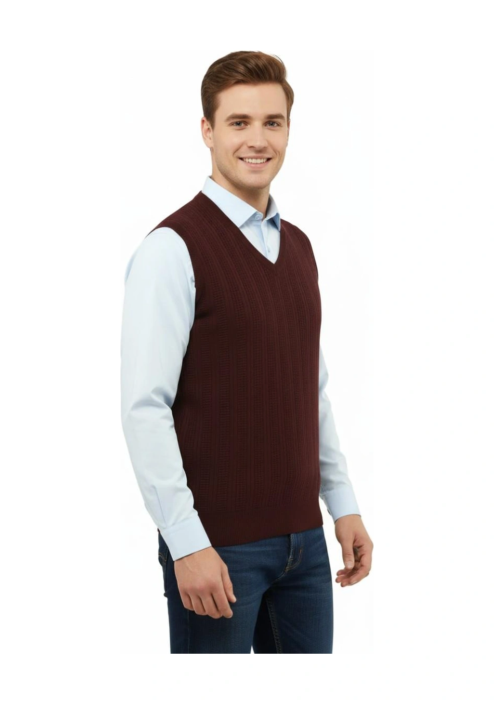 Çizgi Triko Erkek V Yaka Süveter Çelik Örgü Regular Kalıp 5209h Bgl-st04843 Bordo