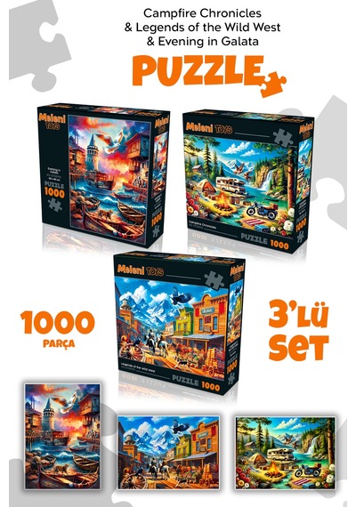 3 Adet 1000 Parça Puzzle - Galata Kulesi Manzara, Kamp Ateşi Ve Vahşi Batı Kasabası Yapboz 68x48 Cm