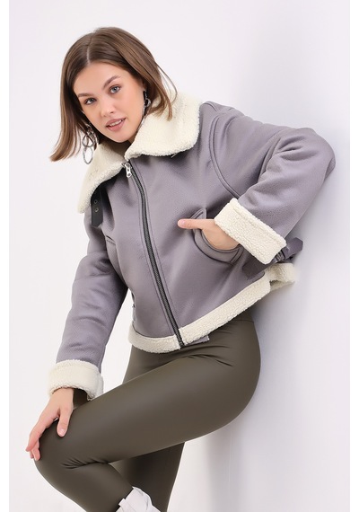 Winmoda34 Içi Kürk Astarlı Biker Kısa Ceket Gri