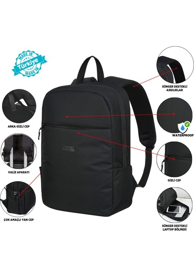 Trg Polo Trg Siyah Su Geçirmez Laptop Sırt Çantası - Gizli Cepli , Sünger Destekli , 15.6-16.1-16.9 Inç Uyumlu Siyah - Siyah