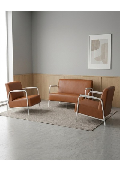 Atlas 2+1+1 Deri Ofis Büro Modern Bekleme Koltuk Takımı Beyaz Metal İskelet - Taba