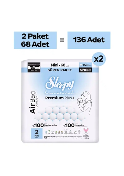 Sleepy Bio Natural Premium Plus Airbag Comfort Avantaj Paketi Bebek Bezi 2 Numara Mini 136 Adet