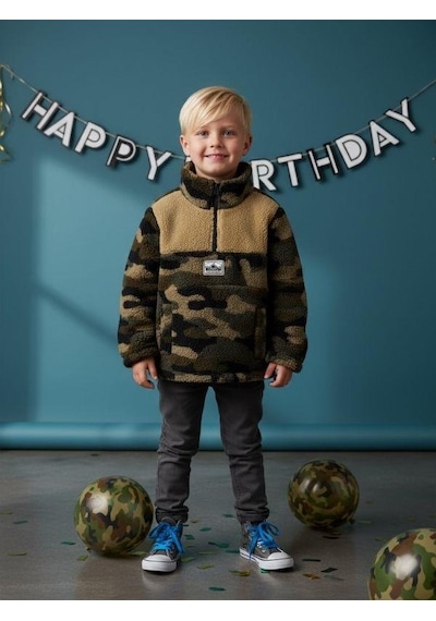 Zekids Erkek Çocuk Kamuflaj Desen Yarım Fermuarlı Polar Sweatshirt-16421 Haki