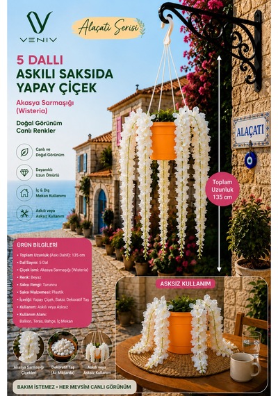 5 Dallı Yapay Akasya Sarmaşığı Wisteria Askılı Saksı 135 Cm Beyaz Çiçekli Dekoratif Balkon Teras Bahçe Süsü Turuncu Saksı Renkli
