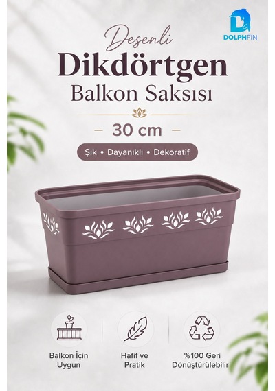 Desenli Dikdörtgen Balkon Saksısı 30x16,5x14,5 Cm Tabaklı Plastik Çiçek Saksısı Mürdüm