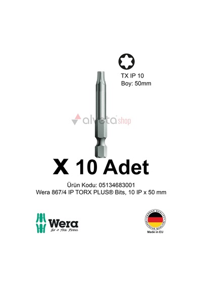 Alveta Wera 867/4 Ip Torx Plus 10ıp X 50mm Tornavida Ucu 10 Adet Vidalama Bits Seti Uzun Seri