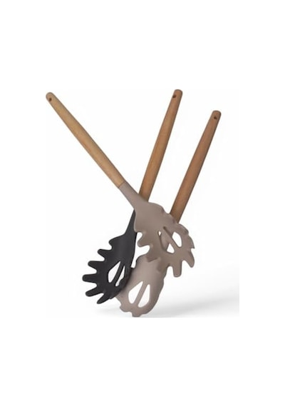 Bambu Saplı Silikon Makarna Servis Kaşığı Isıya Dayanıklı, Yapışmaz, 3 Renk Seçenekli, 27cm Uzun Saplı Makarna Kaşığı Siyah