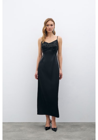 Sateen Payet Detaylı Saten Elbise - Siyah-135686 Siyah
