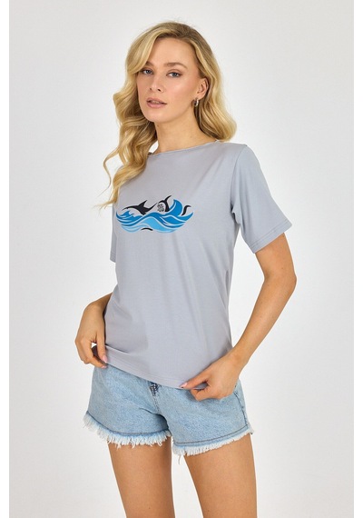 Yapay Zeka Tasarım Dijital Özel Baskılı %100 Pamuklu Penye Regular Fit T-shirt Gri