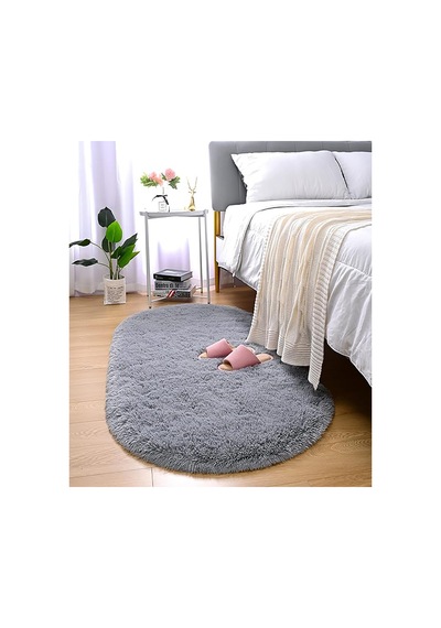 Gri Oval Post Halı Kesme Yolluk Peluş Yumuşak Kaymaz Dot Taban