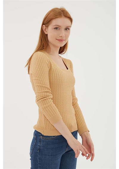 Fashion Friends Kadın Kare Yaka Saç Örgülü Kazak 23k0405k1 Camel