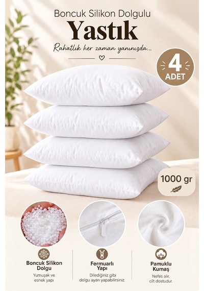 4 Adet Boncuk Silikon Yastık Fermuarlı 50x70 İç Yastık 1000 Gram Beyaz