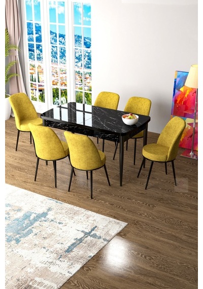 Canisa Concept Zen Serisi 80x132 Mdf Açılabilir Siyah Mermer Desen Masa Takımı Ve 6 Hardal Sandalye Masa Siyah Sandalyeler Hardal Canisa Concept Zen Serisi 80x132 Mdf Açılabilir Siyah Mermer Desen Masa Takımı Ve 6 Hardal Sandalye Masa Siyah Sandalyeler Hardal