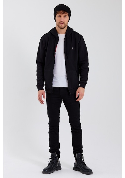 Polostate Erkek Fermuarlı Kanguru Cep 3 İplik Sweatshirt Siyah