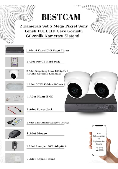 2 Kameralı Set 5 Mp Sony Lensli Full Hd Dome Kamera 500 Gb Hdd