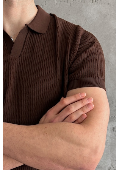 Erkek Petek Desen Polo Yaka Triko T-shirt Kahverengi
