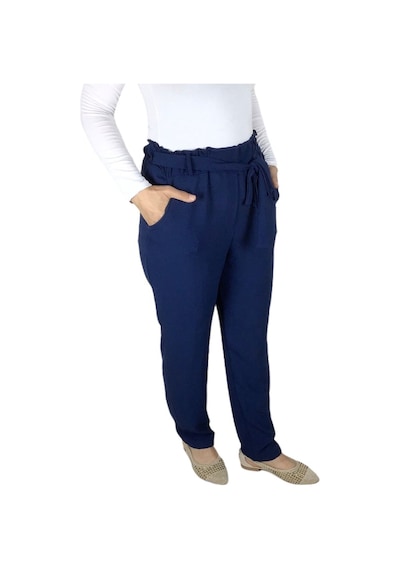 Kadın Beli Lastikli Kuşaklı Cepli Dar Paça Ayrobin Pantolon Lacivert