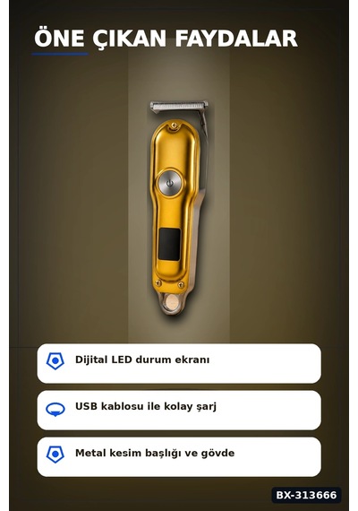 3 Taraklı Şarjlı Saç Sakal Tıraş Makinesi, Turbo Modlu Led Gösterge T Bıçak Kesim Bx-313666