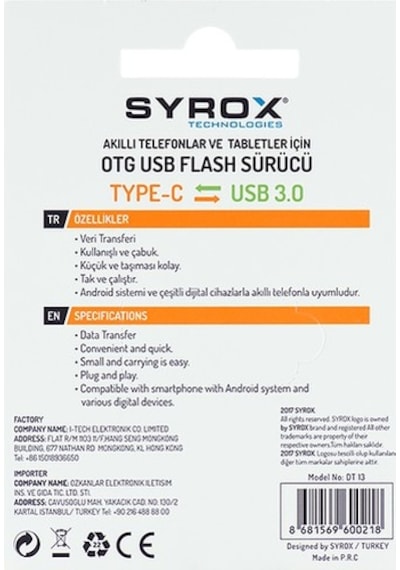 Syrox DT13 Type-C Otg Usb To Type-C Çevirici Dönüştürücü