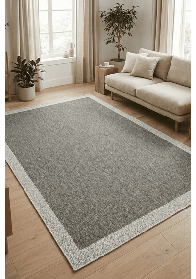 Hoom Rugs Lora 3207 Antrasit Çerçeveli Çizgili Pamuk Taban Hav Toz Vermez Sisal Halı