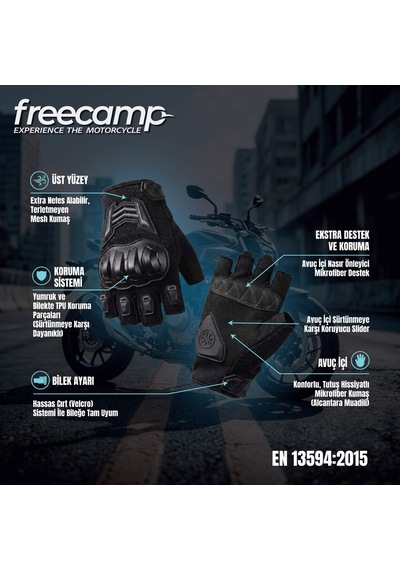Freecamp Power Yarım Parmak Motosiklet Eldiveni En 13594-siyah-gri