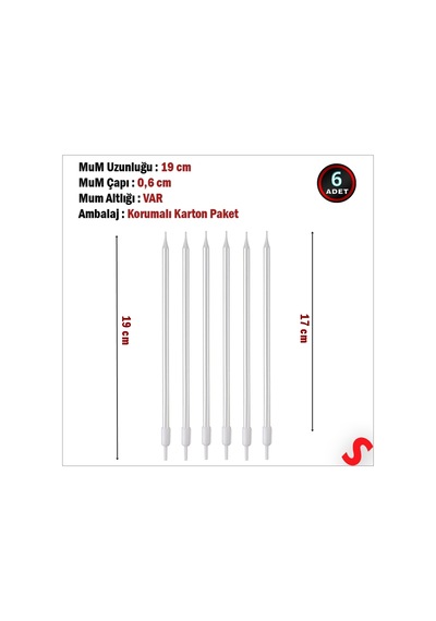 Metalik Gümüş İnce Uzun Pasta Mumu 19 Cm - 6 Adet