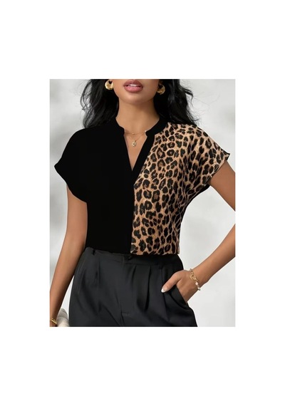 Butik İstanbul Kadın Kısa Kollu V Hakim Yakalı Leopar Desenli Sandy Bluza Siyah